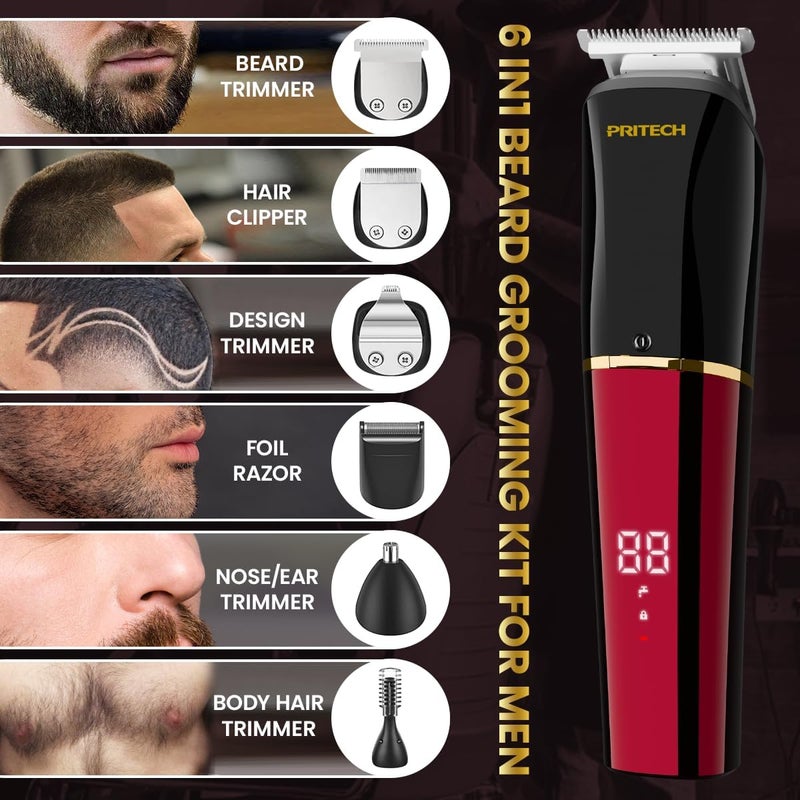 pritech Beard Trimmer for Men,6 in 1 Hair Clippers Kit, Precision Cordless Grooming Kit Waterproof IPX6 for Beard, Hair, Body, Nose, Ear, with Foil Razor (Red) - Image 3